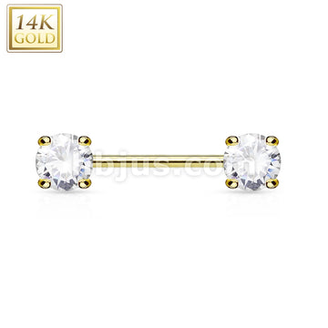 14KT  Gold Double Prong Set AAA CZ 14K Gold Nipple Bar - Image 3