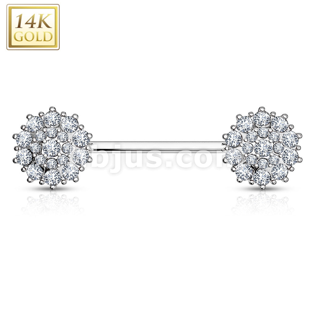 14KT  Gold Triple Tiered CZ Flower 14K Gold Nipple Bar - Image 2