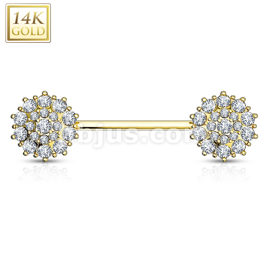 14KT  Gold Triple Tiered CZ Flower 14K Gold Nipple Bar - Image 3