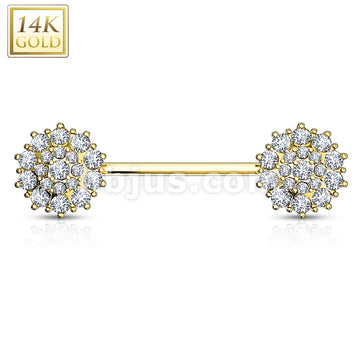 14KT  Gold Triple Tiered CZ Flower 14K Gold Nipple Bar - Image 3