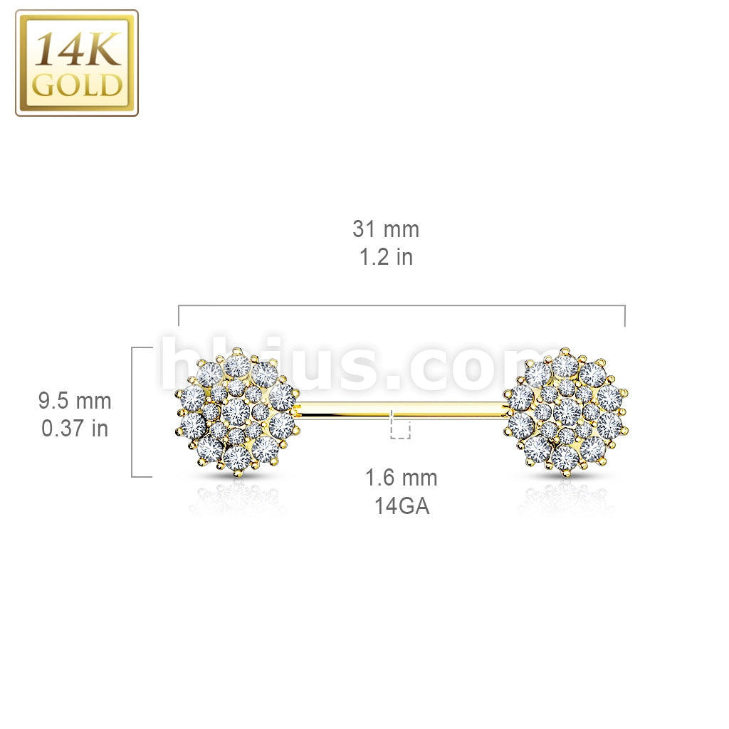 14KT  Gold Triple Tiered CZ Flower 14K Gold Nipple Bar - Image 4