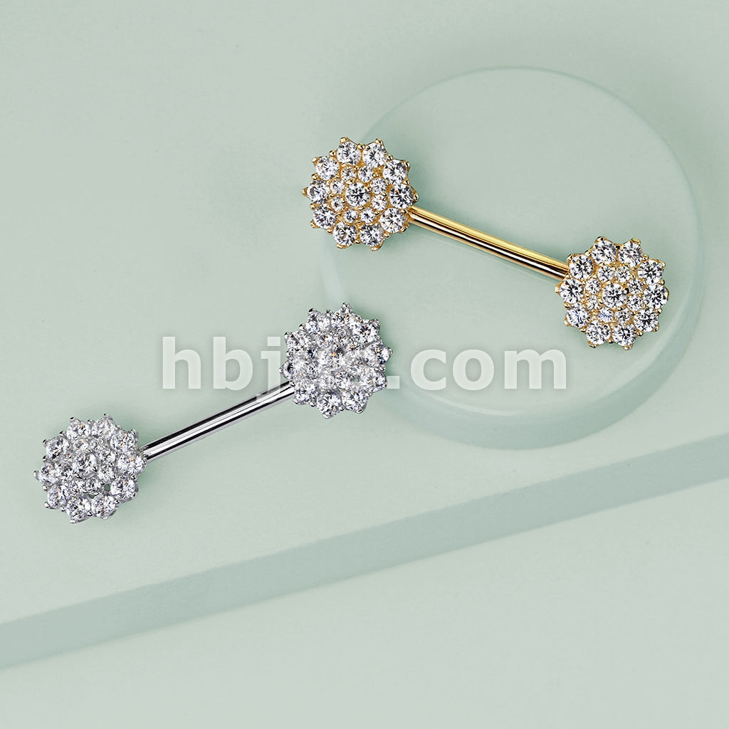 14KT  Gold Triple Tiered CZ Flower 14K Gold Nipple Bar - Image 5