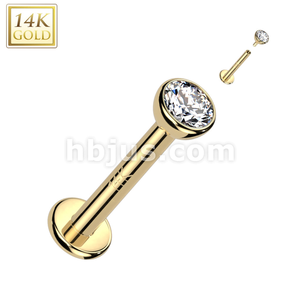 14K Gold Internally Threaded Labret, Flat Back Stud With Wide Face CZ Bezel Set Ball - Image 3