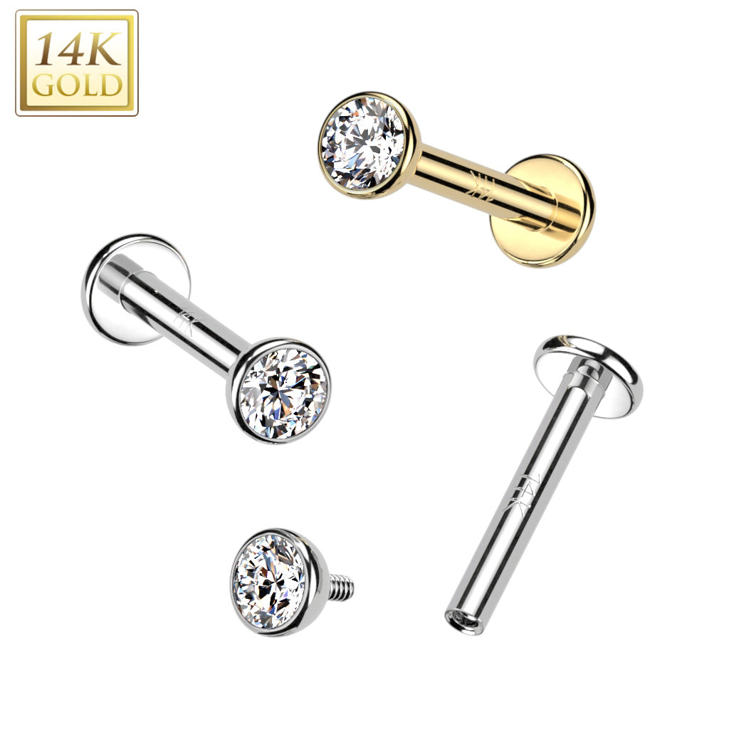 14K Gold Internally Threaded Labret, Flat Back Stud With Wide Face CZ Bezel Set Ball
