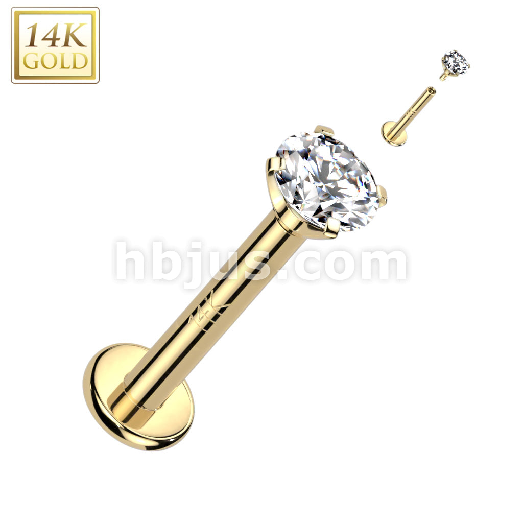 14K Gold Internally Threaded Labret, Flat Back Stud With Prong Set CZ Top - Image 3