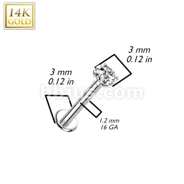 14K Gold Internally Threaded Labret, Flat Back Stud With Prong Set CZ Top - Image 4