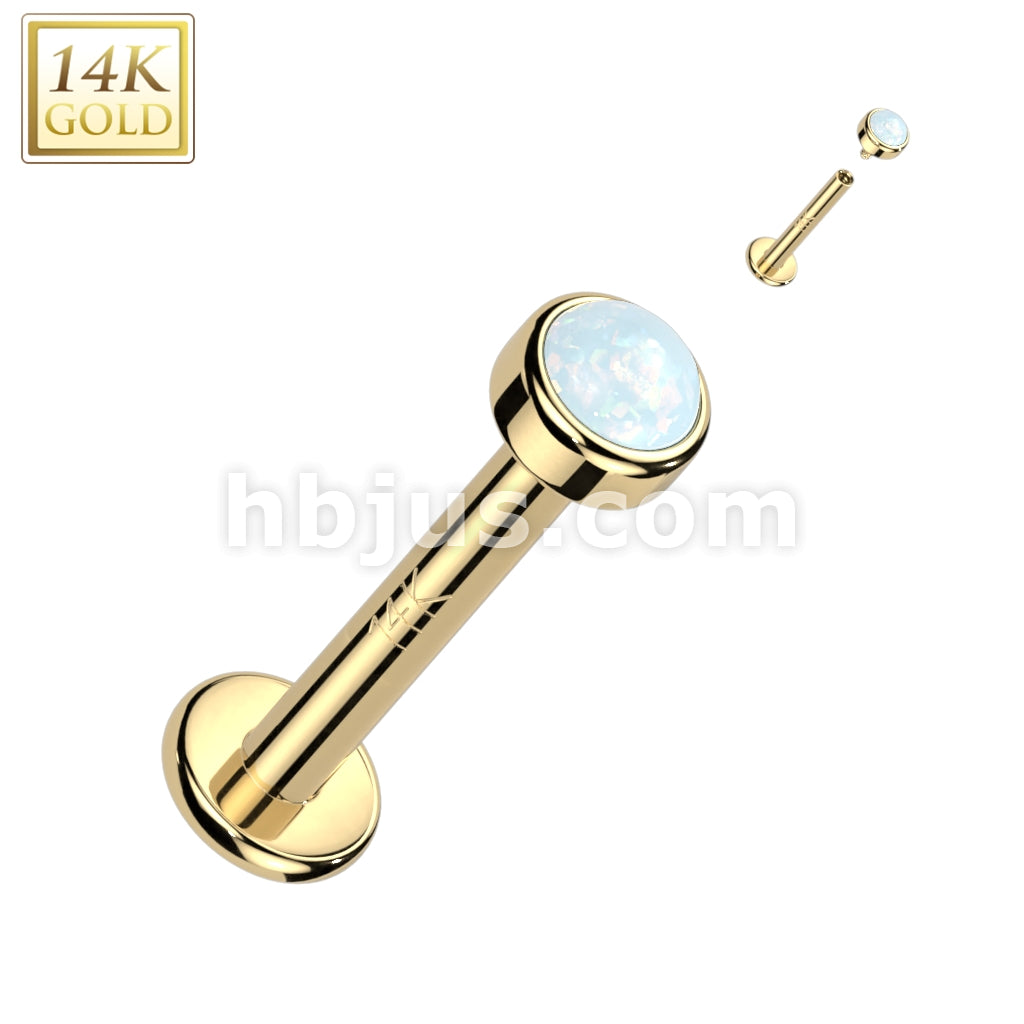 14K Gold Internally Threaded Labret, Flat Back Stud With Flat Back Bezel Set Opal Top - Image 3