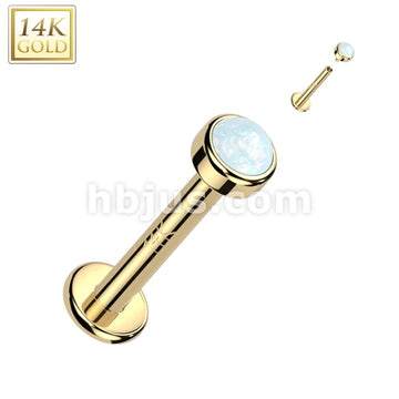 14K Gold Internally Threaded Labret, Flat Back Stud With Flat Back Bezel Set Opal Top - Image 3