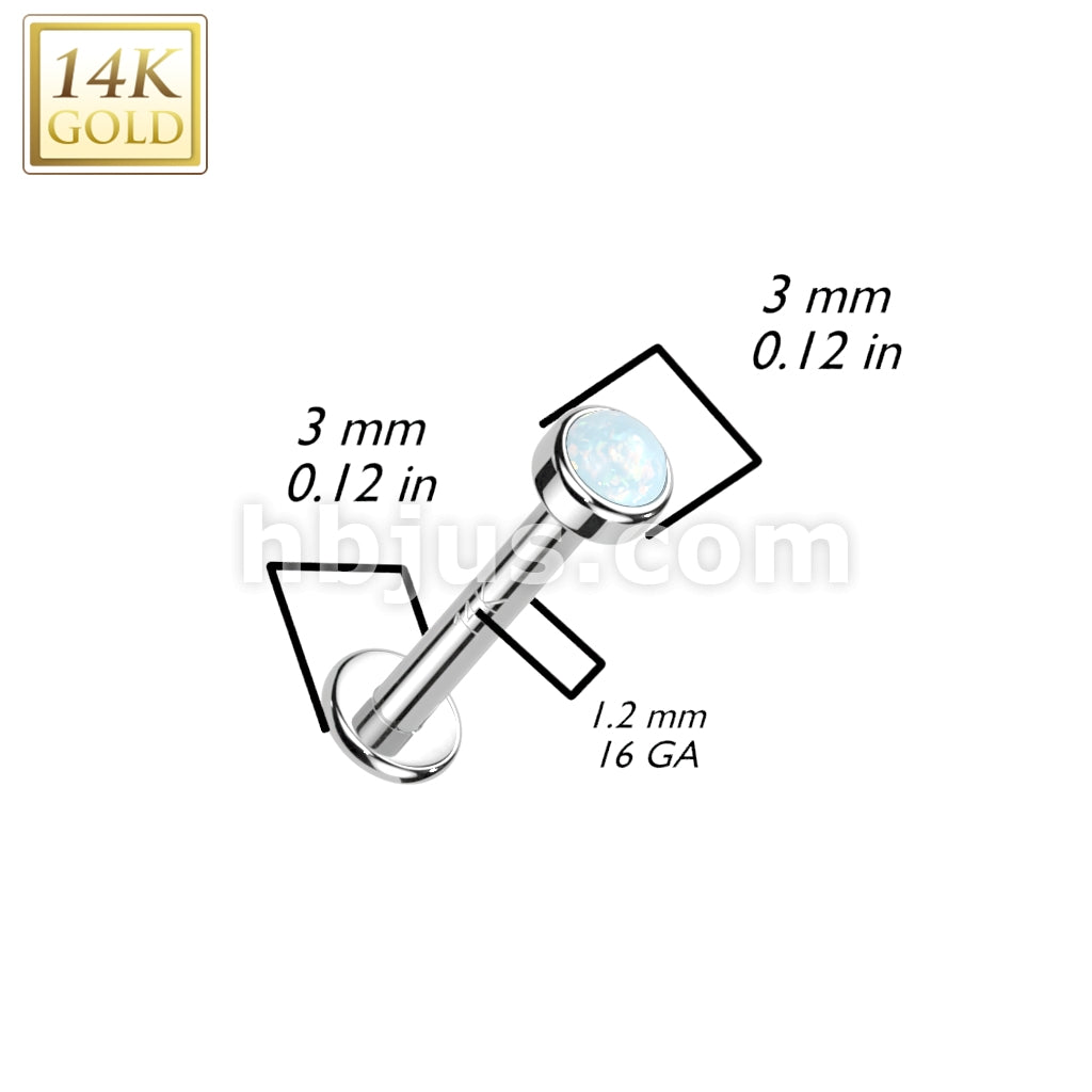 14K Gold Internally Threaded Labret, Flat Back Stud With Flat Back Bezel Set Opal Top - Image 4