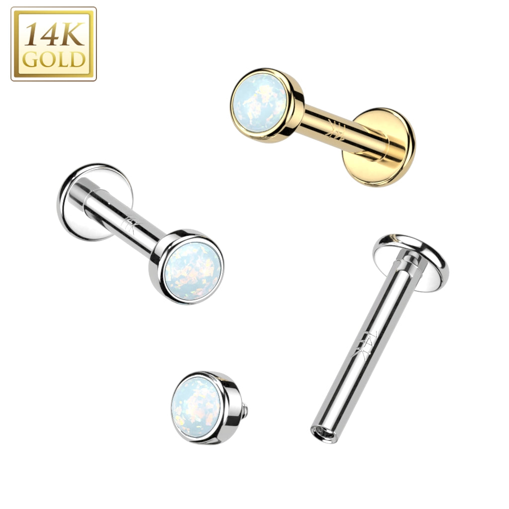 14K Gold Internally Threaded Labret, Flat Back Stud With Flat Back Bezel Set Opal Top