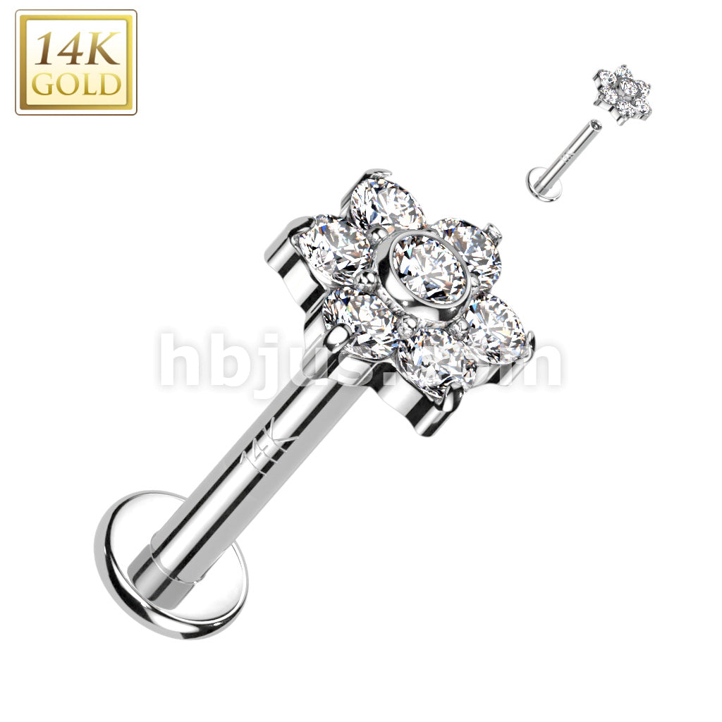 14K Gold Internally Threaded Labret, Flat Back Stud With CZ or Opal Set Flower Top - Image 3