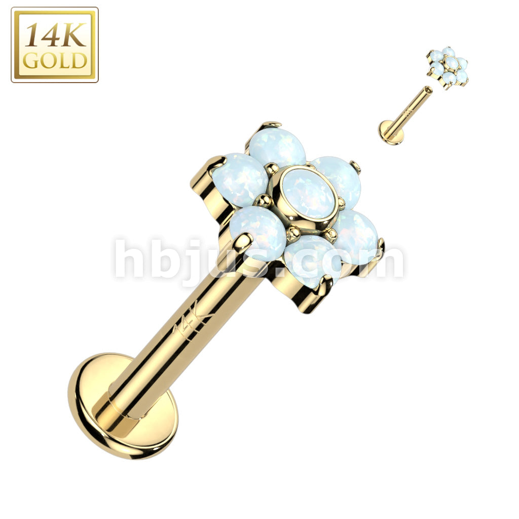 14K Gold Internally Threaded Labret, Flat Back Stud With CZ or Opal Set Flower Top - Image 4