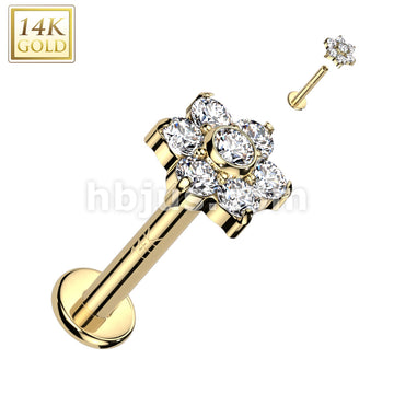 14K Gold Internally Threaded Labret, Flat Back Stud With CZ or Opal Set Flower Top - Image 5