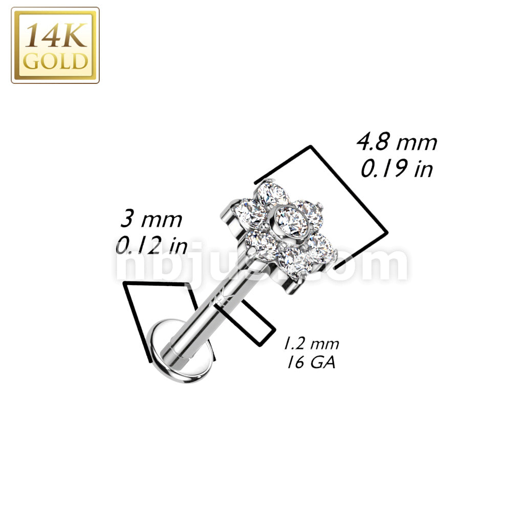 14K Gold Internally Threaded Labret, Flat Back Stud With CZ or Opal Set Flower Top - Image 6