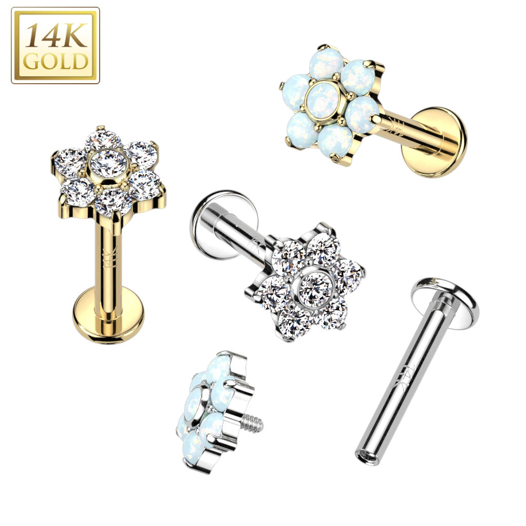 14K Gold Internally Threaded Labret, Flat Back Stud With CZ or Opal Set Flower Top