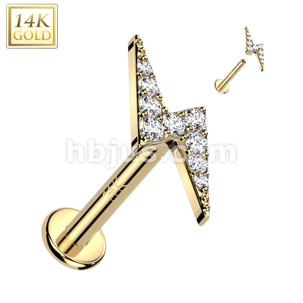 14K Gold Internally Threaded Labret, Flat Back Stud With CZ Paved Lightning Top - Image 3
