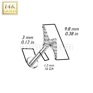 14K Gold Internally Threaded Labret, Flat Back Stud With CZ Paved Lightning Top - Image 4
