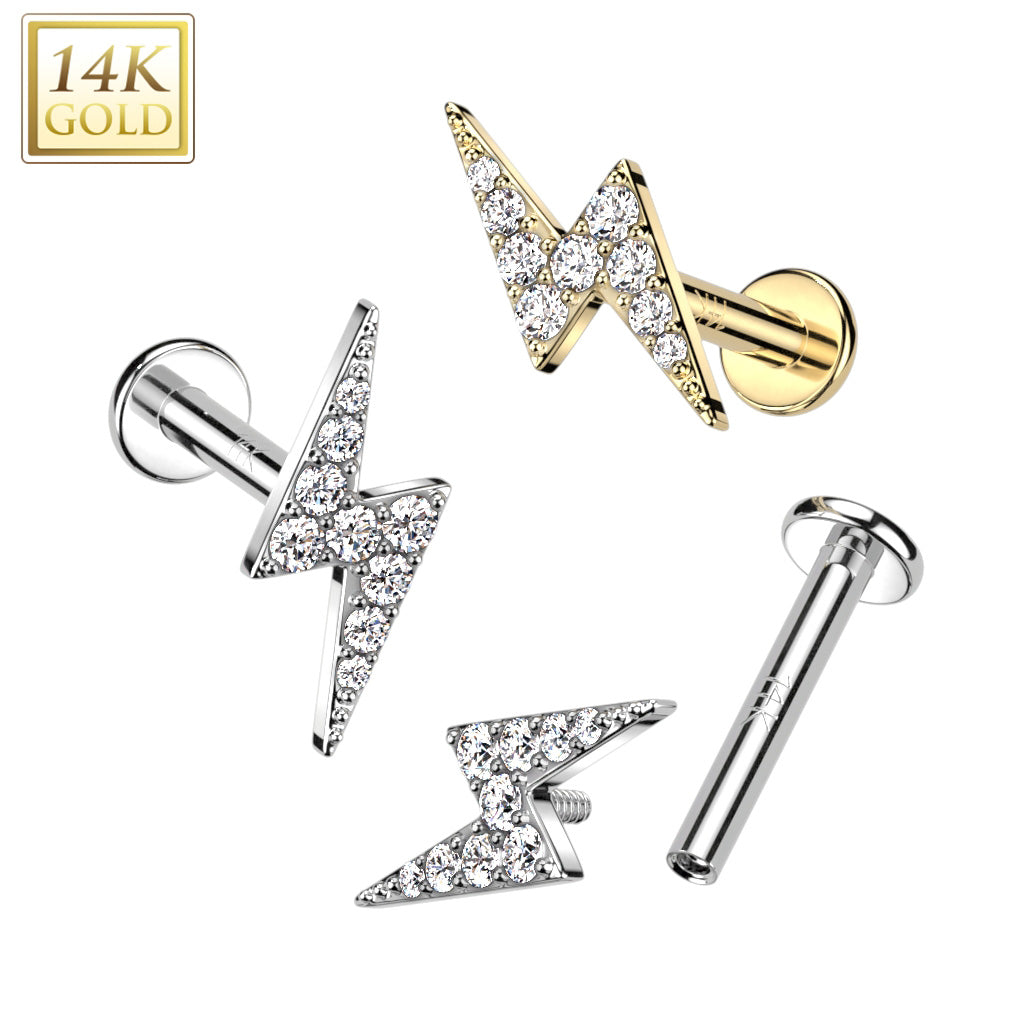 14K Gold Internally Threaded Labret, Flat Back Stud With CZ Paved Lightning Top