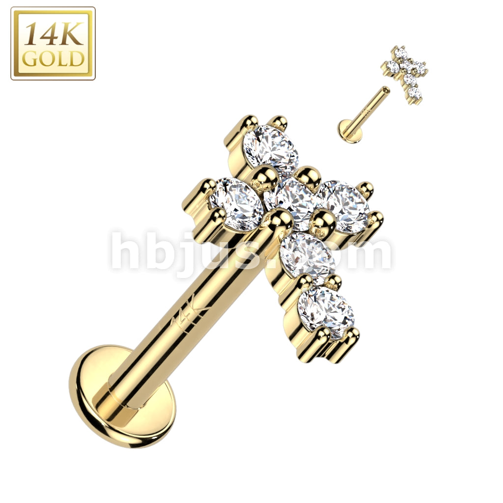 14K Gold Internally Threaded Labret, Flat Back Stud With CZ Paved Cross Top - Image 3