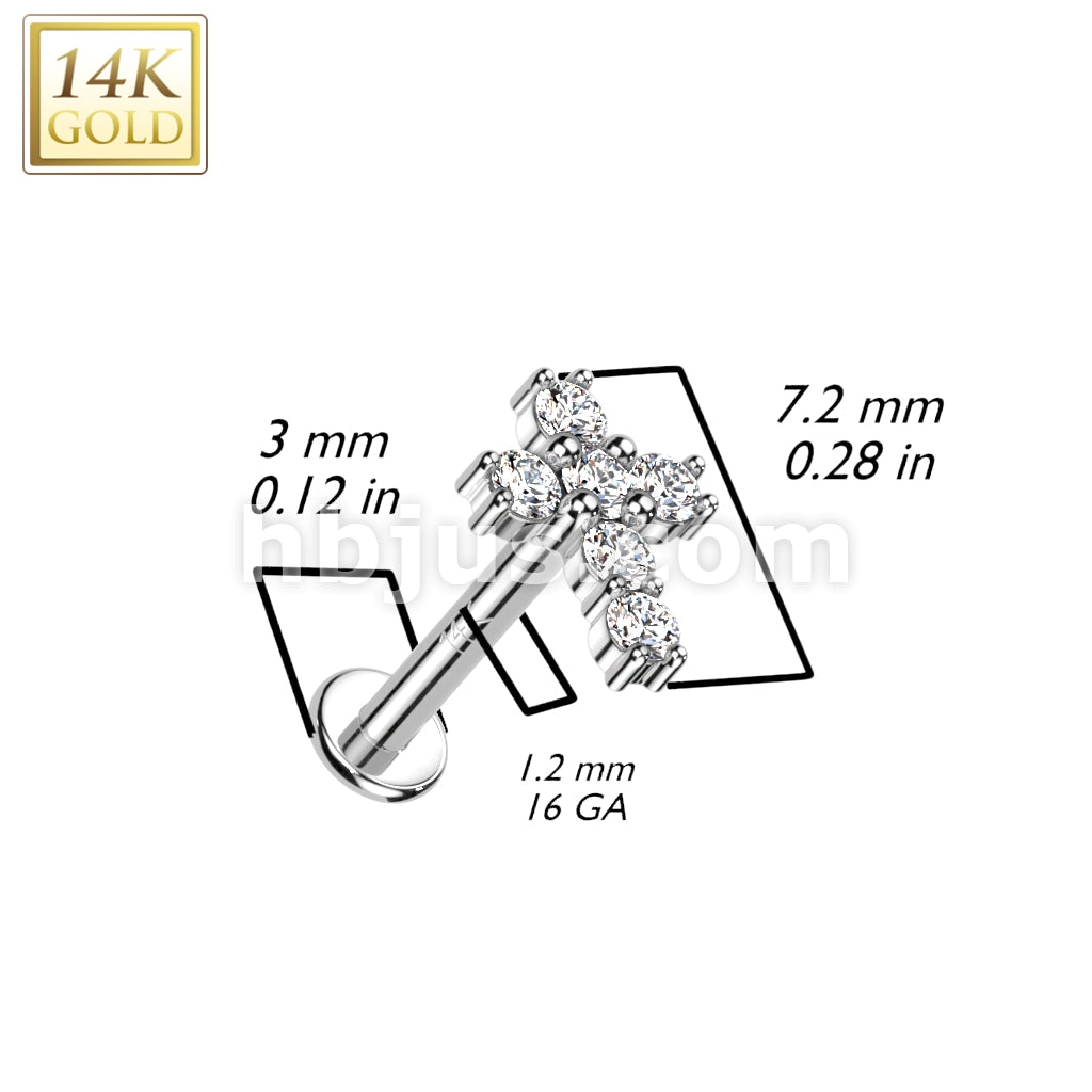 14K Gold Internally Threaded Labret, Flat Back Stud With CZ Paved Cross Top - Image 4