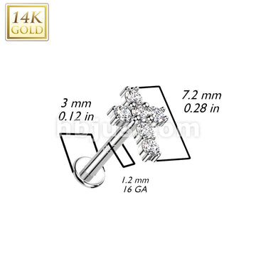 14K Gold Internally Threaded Labret, Flat Back Stud With CZ Paved Cross Top - Image 4