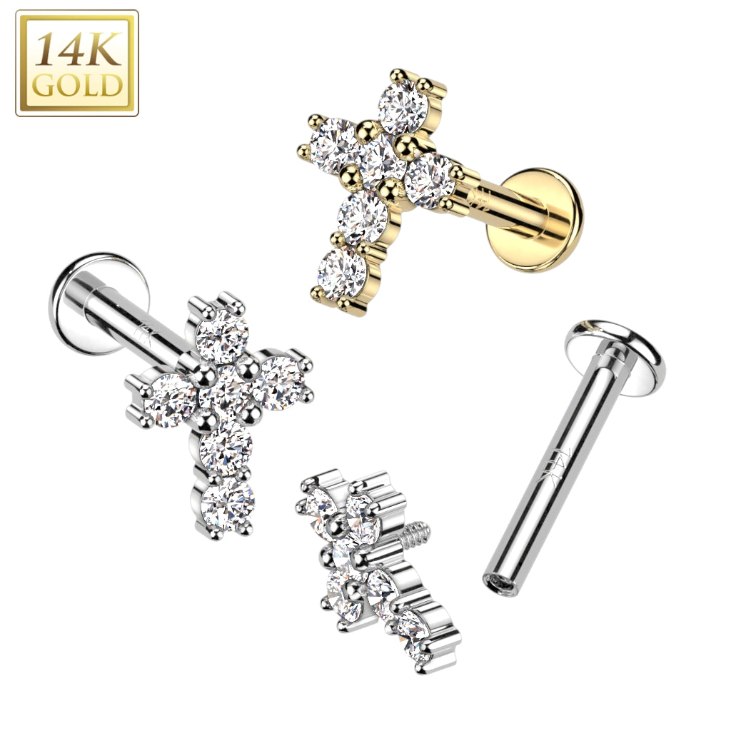 14K Gold Internally Threaded Labret, Flat Back Stud With CZ Paved Cross Top