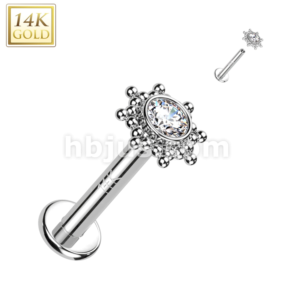 14K Gold Internally Threaded Labret, Flat Back Stud With CZ or Opal Centered Tribal Sun Top - Image 3