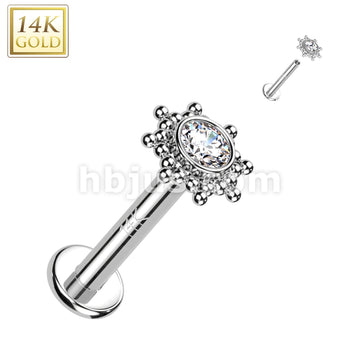 14K Gold Internally Threaded Labret, Flat Back Stud With CZ or Opal Centered Tribal Sun Top - Image 3