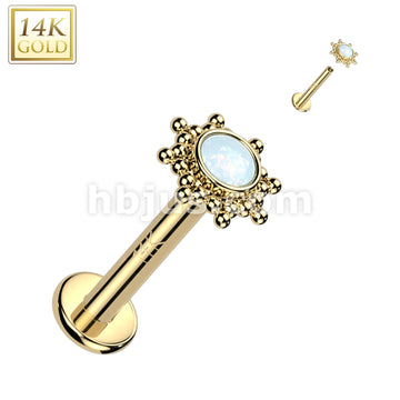 14K Gold Internally Threaded Labret, Flat Back Stud With CZ or Opal Centered Tribal Sun Top - Image 4