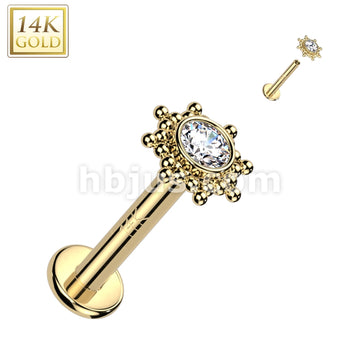 14K Gold Internally Threaded Labret, Flat Back Stud With CZ or Opal Centered Tribal Sun Top - Image 5