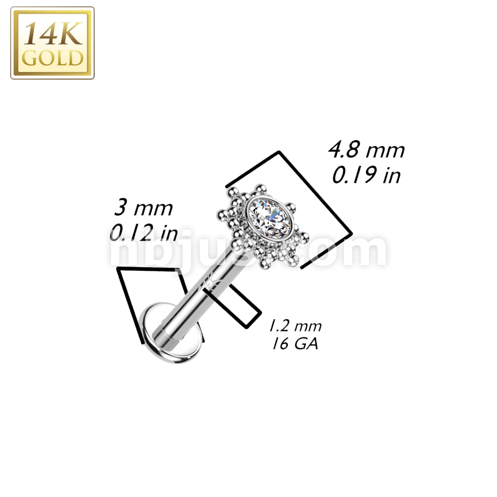 14K Gold Internally Threaded Labret, Flat Back Stud With CZ or Opal Centered Tribal Sun Top - Image 6