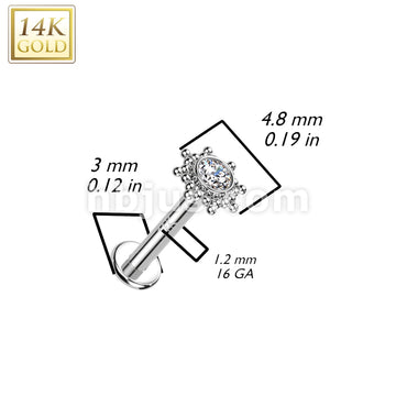 14K Gold Internally Threaded Labret, Flat Back Stud With CZ or Opal Centered Tribal Sun Top - Image 6