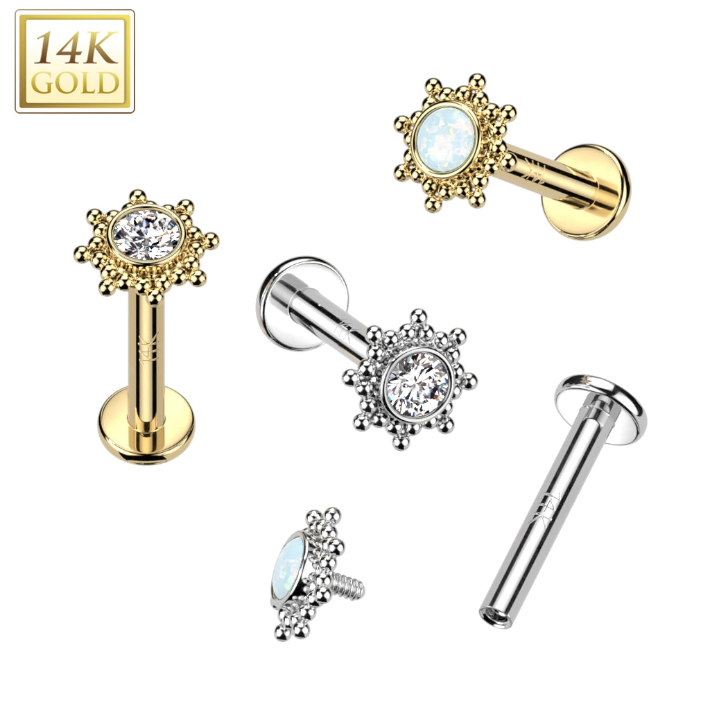 14K Gold Internally Threaded Labret, Flat Back Stud With CZ or Opal Centered Tribal Sun Top