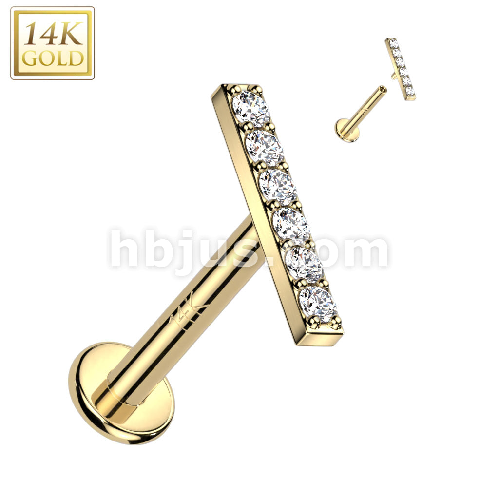 14K Gold Internally Threaded Labret, Flat Back Stud With CZ Paved Bar Top - Image 3