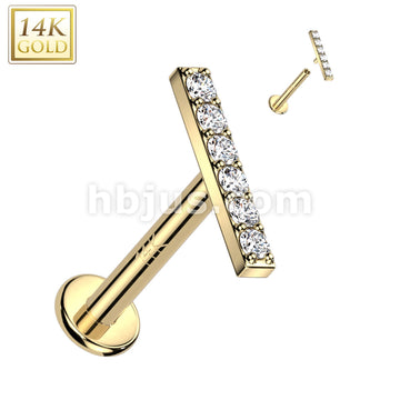 14K Gold Internally Threaded Labret, Flat Back Stud With CZ Paved Bar Top - Image 3