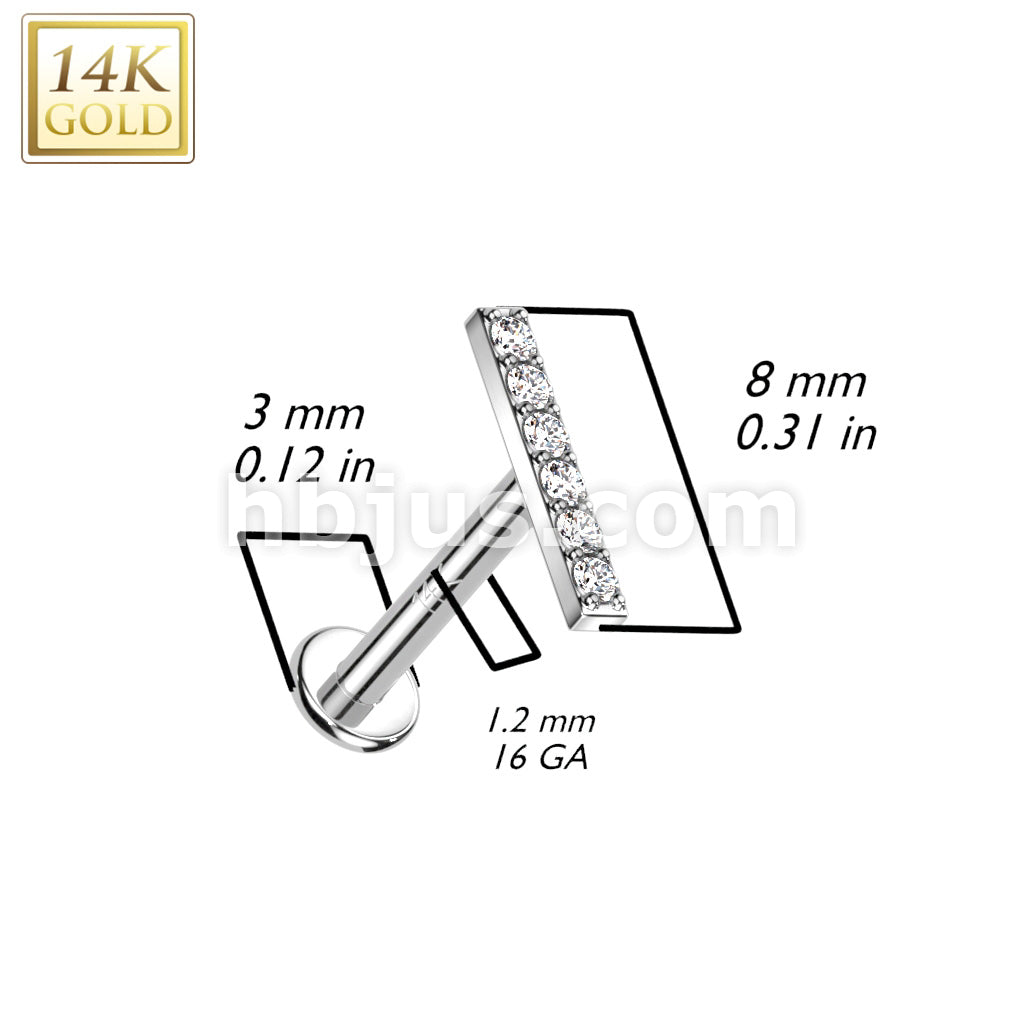 14K Gold Internally Threaded Labret, Flat Back Stud With CZ Paved Bar Top - Image 4
