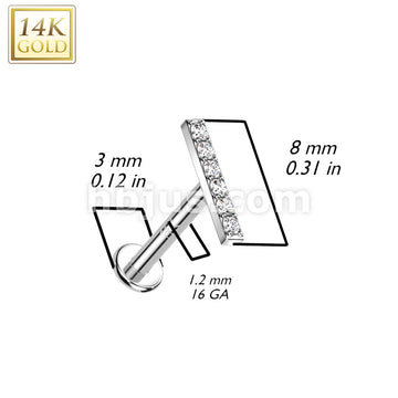 14K Gold Internally Threaded Labret, Flat Back Stud With CZ Paved Bar Top - Image 4