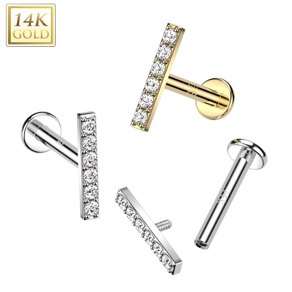 14K Gold Internally Threaded Labret, Flat Back Stud With CZ Paved Bar Top