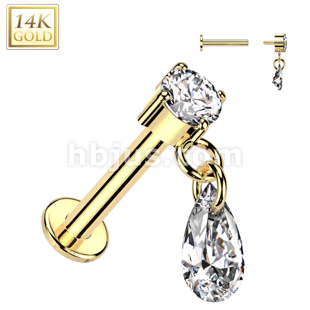 14K Gold Internally Threaded Labret With Prong Set CZ Top and Teardrop CZ Dangle - Image 3