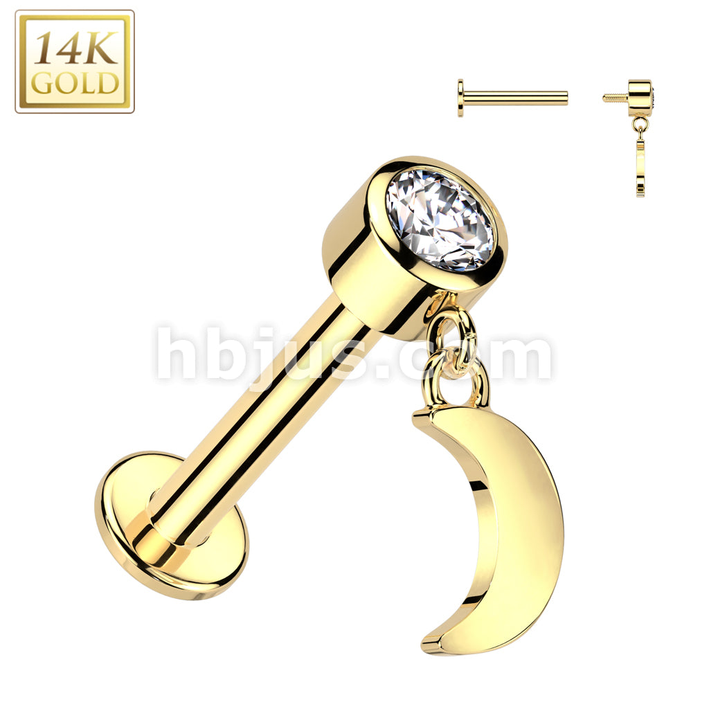 14K Gold Internally Threaded Labret With Bezel Set CZ Top and Crescent Moon Dangle - Image 3