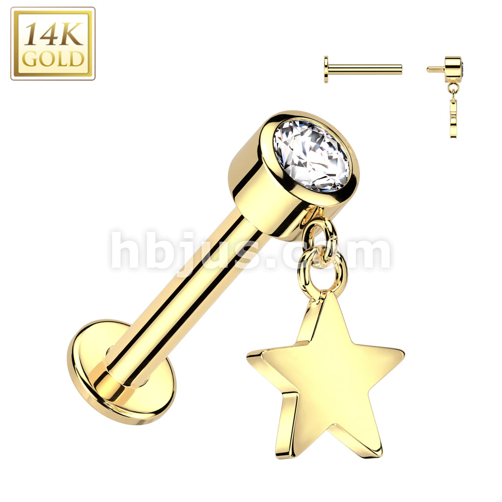 14K Gold Internally Threaded Labret With Bezel Set CZ Top and Star Dangle - Image 3