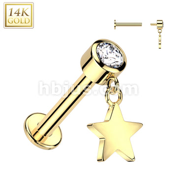 14K Gold Internally Threaded Labret With Bezel Set CZ Top and Star Dangle - Image 3