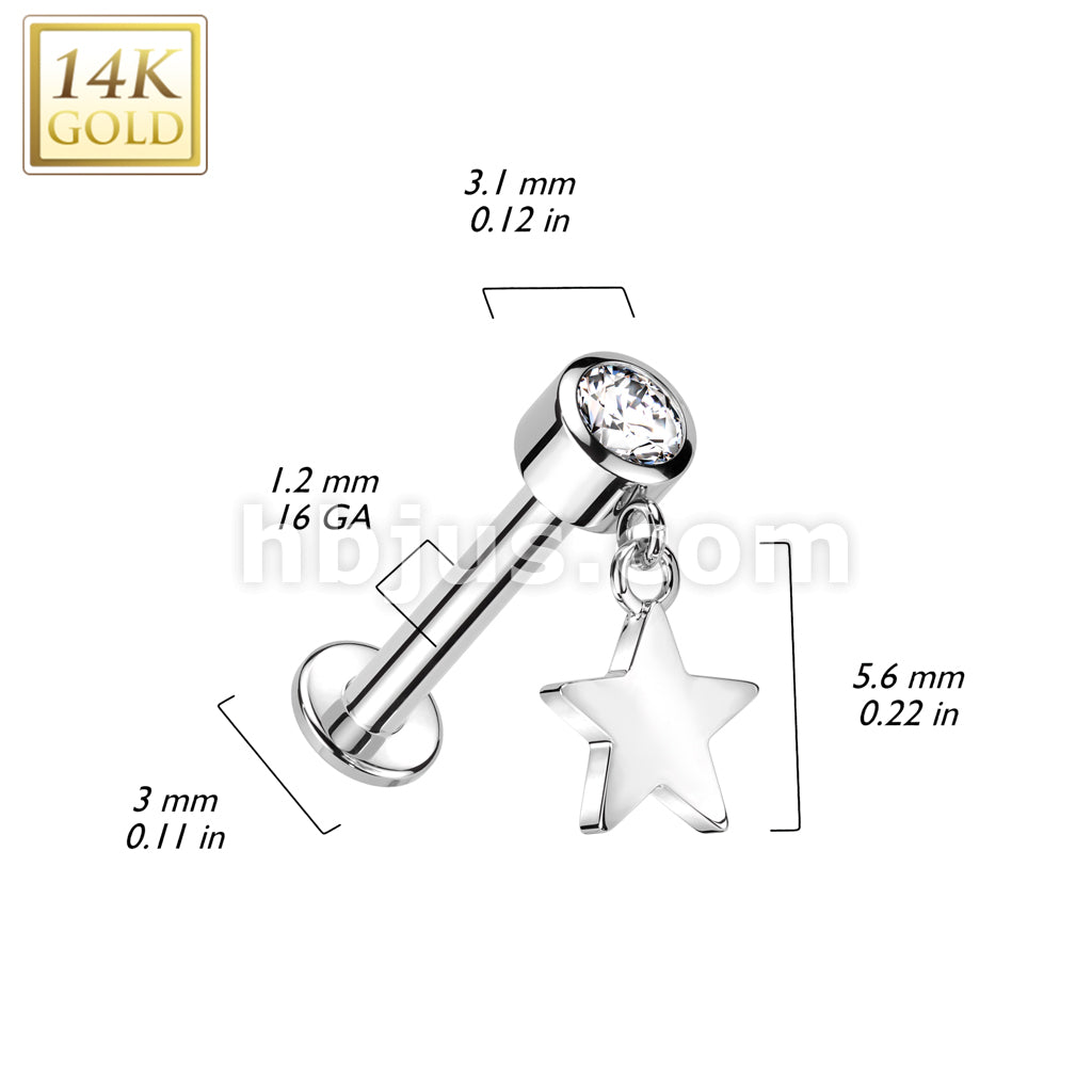 14K Gold Internally Threaded Labret With Bezel Set CZ Top and Star Dangle - Image 4