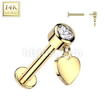 14K Gold Internally Threaded Labret With Bezel Set CZ Top and Heart Dangle - Image 3