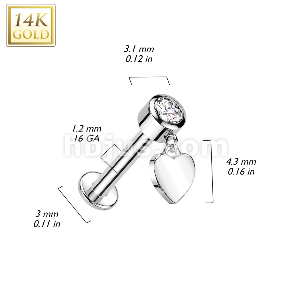 14K Gold Internally Threaded Labret With Bezel Set CZ Top and Heart Dangle - Image 4