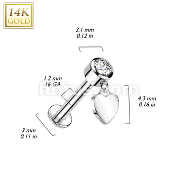 14K Gold Internally Threaded Labret With Bezel Set CZ Top and Heart Dangle - Image 4