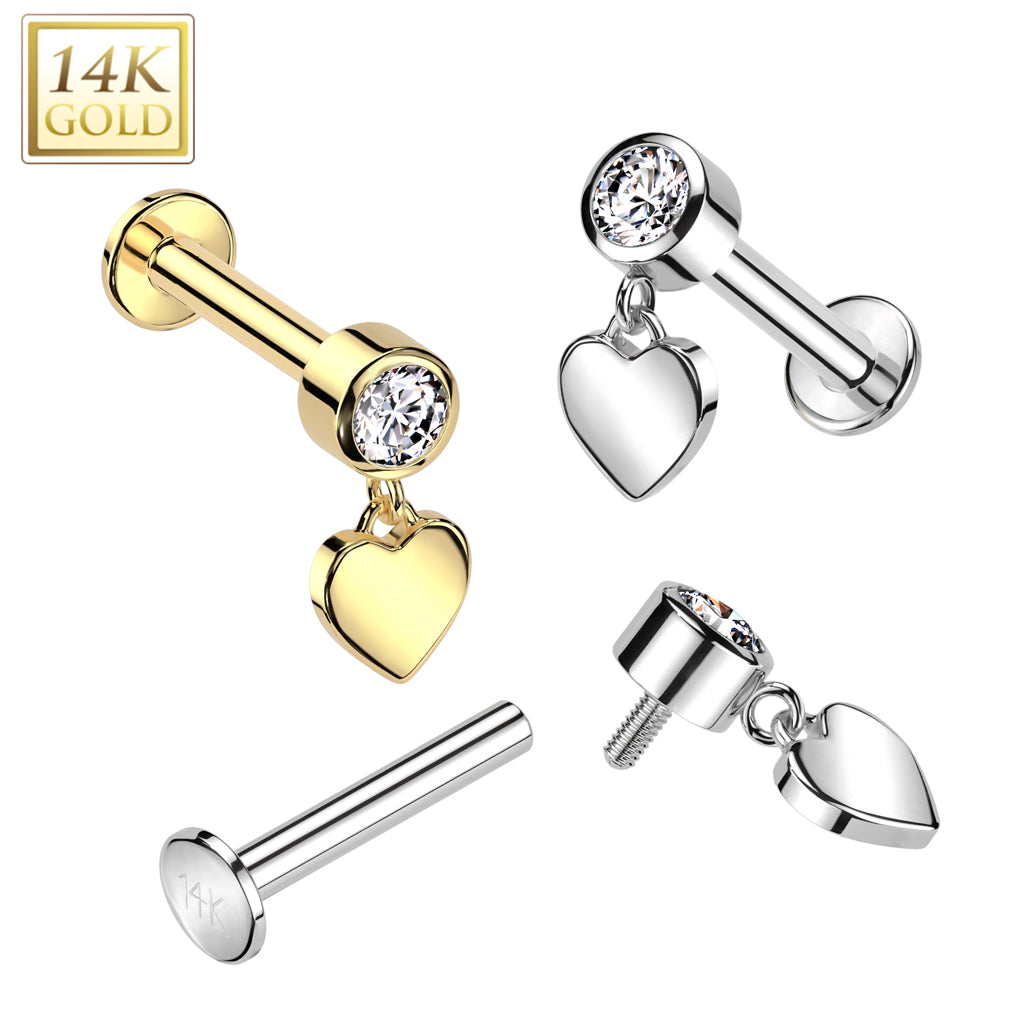 14K Gold Internally Threaded Labret With Bezel Set CZ Top and Heart Dangle