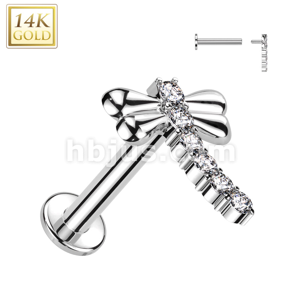 14KT  Gold 14K Gold Internally Threaded Labret With CZ Dragonfly Top - Image 2