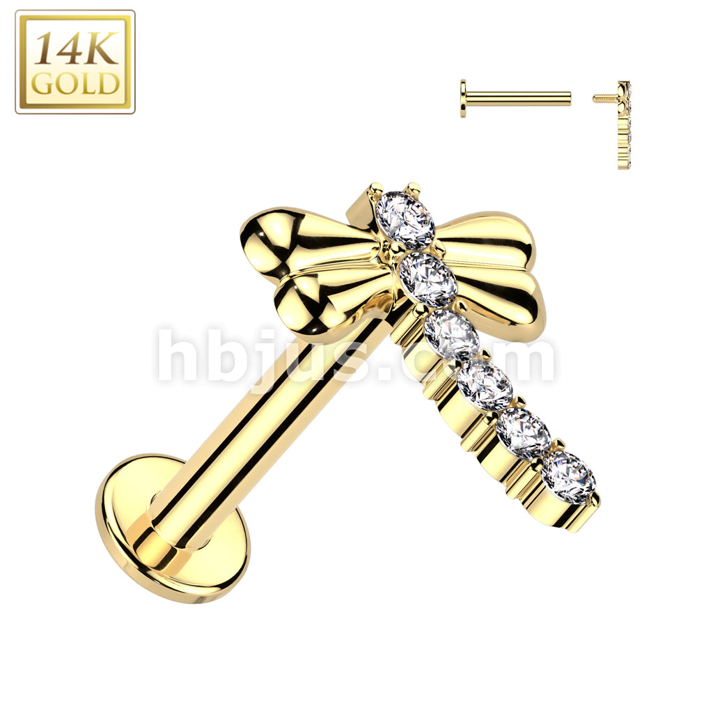 14KT  Gold 14K Gold Internally Threaded Labret With CZ Dragonfly Top - Image 3