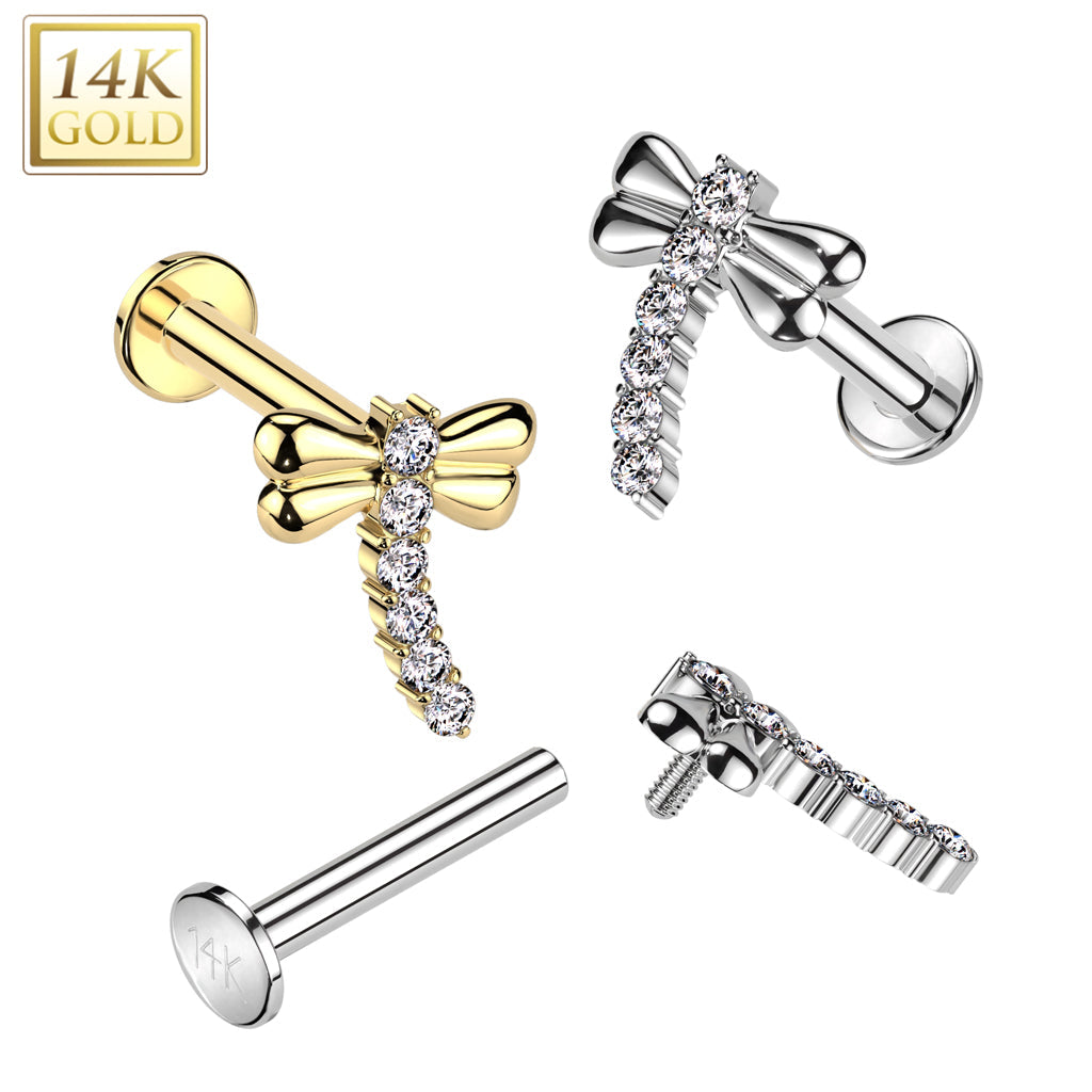 14K Gold Internally Threaded Labret With CZ Dragonfly Top